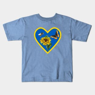 Sunflowers Bee and Butterfly in Blue and Yellow Heart Kids T-Shirt